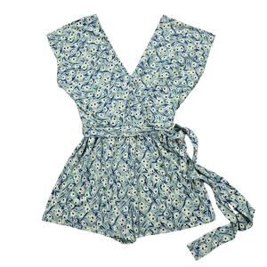 Urban Outfitters Womens Small Green Floral Belted Short Sleeve Romper Stretchy